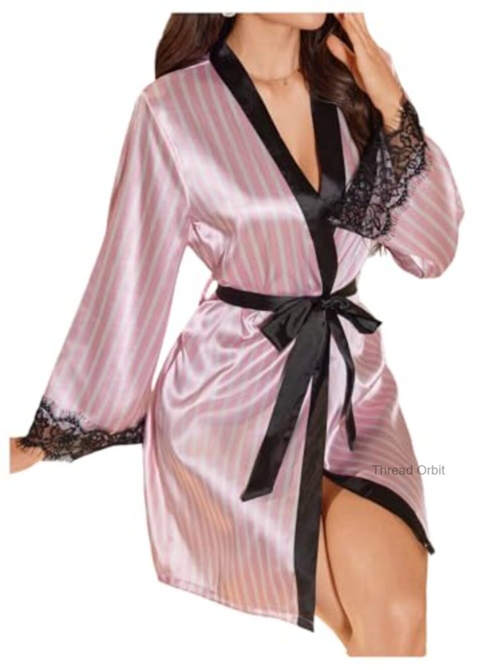 Satin Robe Striped Lace Trim Tie Waist Lounge Sleepwear
